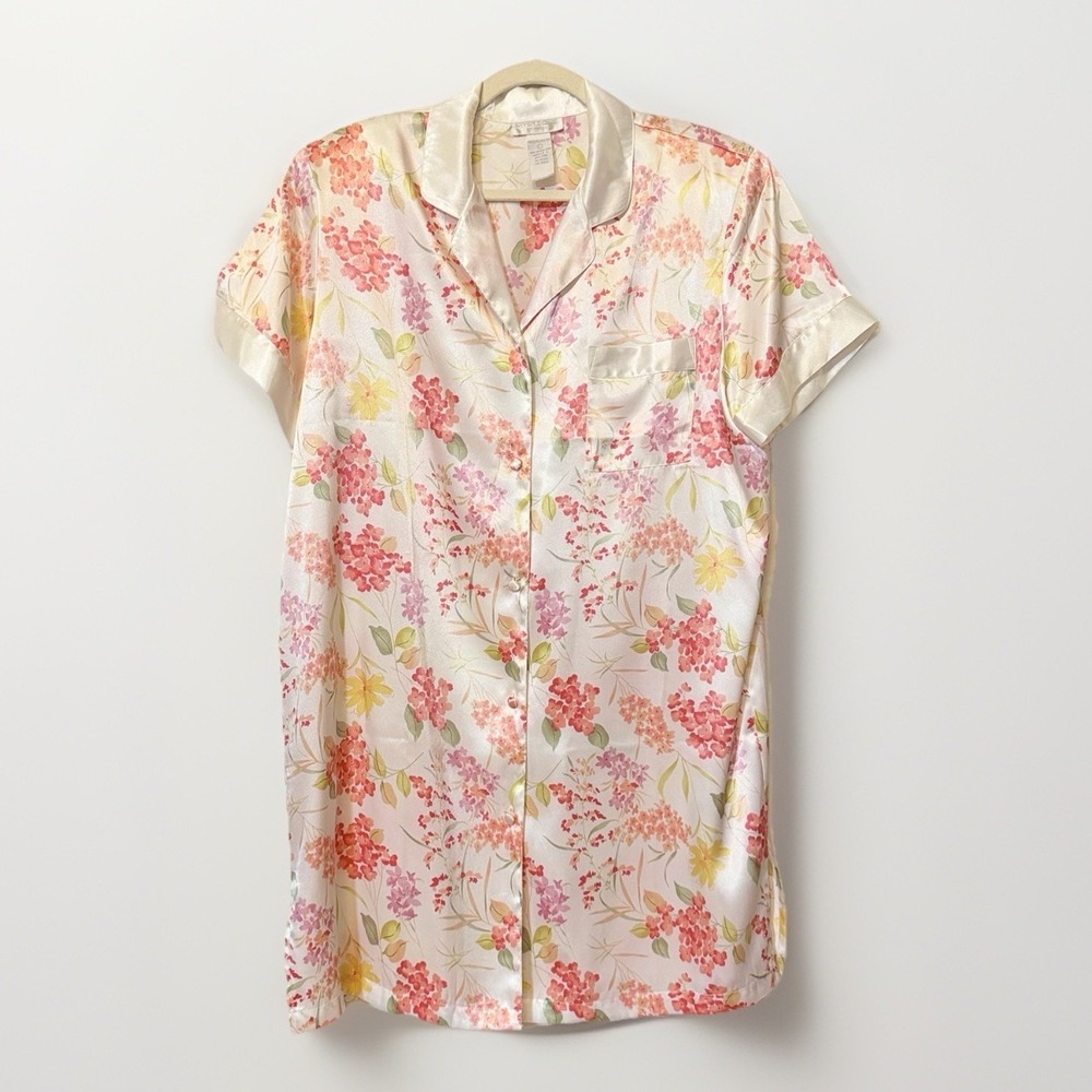 VTG 90s Mystique Intimates L Nightshirt White Pink Floral Satin Cottage Prairie